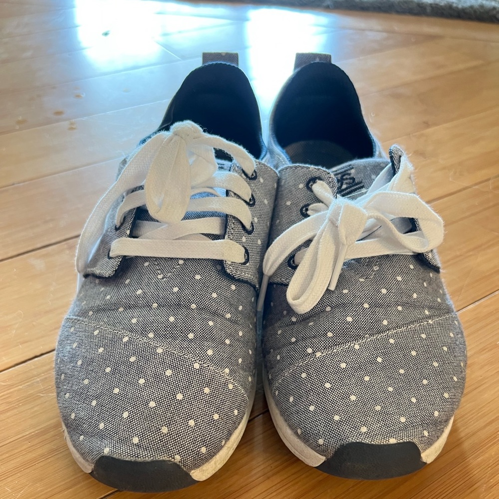 Blue and white polka dot sneakers